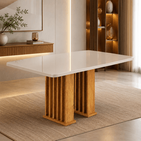 Mesa de Jantar 4 Lugares Retangular Tampo de Vidro/Mdf Munique Mel/Off White - Casa Giulia