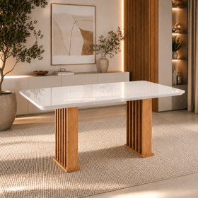 Mesa de Jantar 8 Lugares Retangular Tampo de Vidro/Mdf Dubai Mel/Off White - Casa Giulia