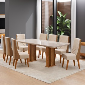 Conjunto Sala de Jantar 8 Lugares Retangular Tampo de Vidro/Mdf Dubai Mel/Off White/Linho Bronze - Casa Giulia