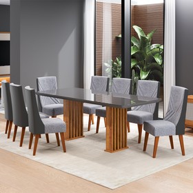 Conjunto Sala de Jantar 8 Lugares Retangular Tampo de Vidro/Mdf Dubai Mel/Grafite/Linho Inox- Casa Giulia