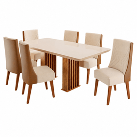 Conjunto Sala de Jantar 6 Lugares Retangular Tampo de Vidro/Mdf Dubai Mel/Off White/Linho Bronze - Casa Giulia