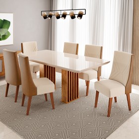 Conjunto Sala de Jantar 6 Lugares Retangular Tampo de Vidro/Mdf Dubai Mel/Off White/Linho Bronze - Casa Giulia