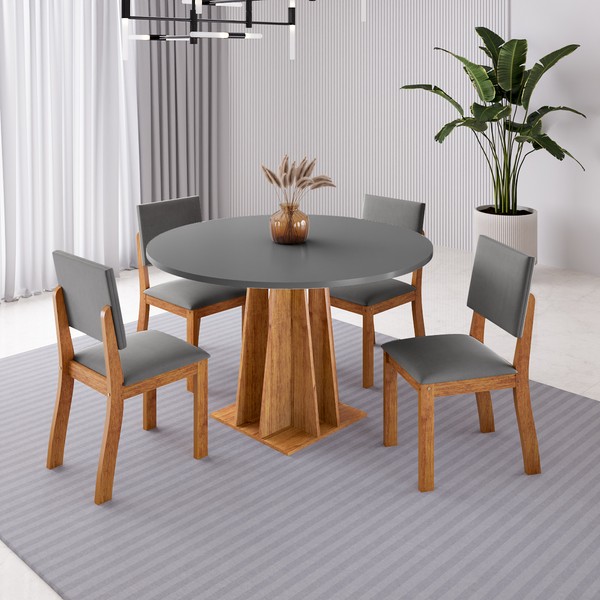 Conjunto Sala de Jantar 4 Lugares Redondo Tampo de Mdf Toquio Mel/Cinza - Casa Giulia