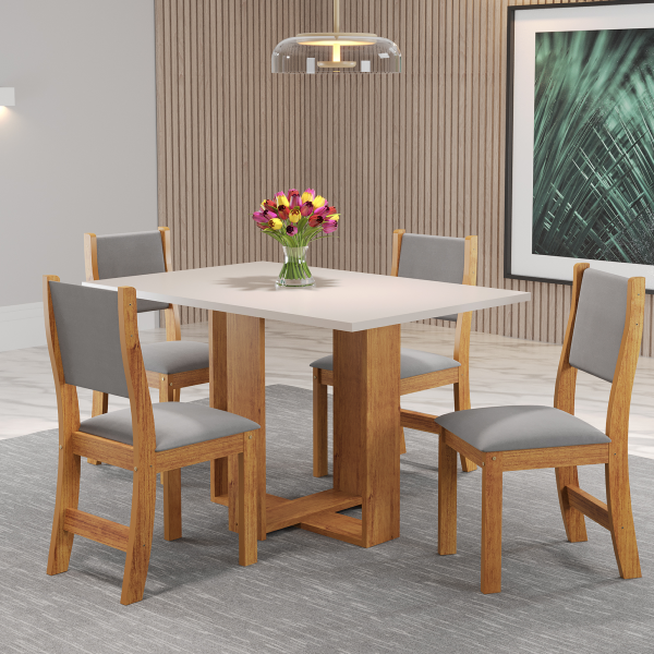 Mesa de Jantar Retangular Holy com 4 Cadeiras Sol Mel/Blonde/Cinza - Casa Giulia