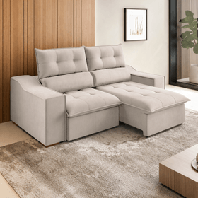 Sofá 3 Lugares 2,10m Retrátil e Reclinável com Pillow Top Jasper Veludo Bege - Casa Giulia