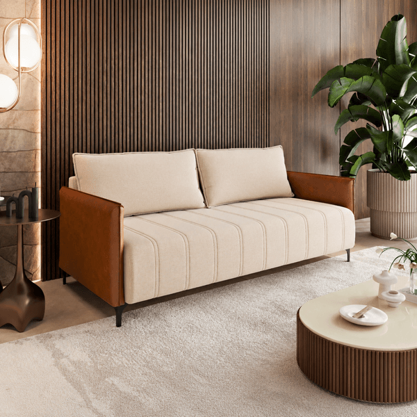 Sofá Living 3 Lugares 2,00m Pés de Ferro Jady Linho Bronze/Durango- Casa Giulia