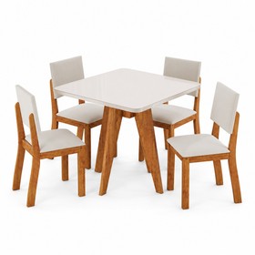 Conjunto Sala de Jantar 4 Lugares Quadrado Tampo de Mdf/Vidro Dynna Mel/Vidro Off White/Bege - Casa Giulia