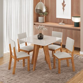 Conjunto Sala de Jantar 4 Lugares Quadrado Tampo de Mdf/Vidro Dynna Mel/Vidro Off White/Bege - Casa Giulia