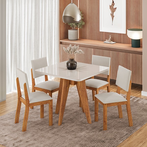 Conjunto Sala de Jantar 4 Lugares Quadrado Tampo de Mdf/Vidro Dynna Mel/Vidro Off White/Bege - Casa Giulia