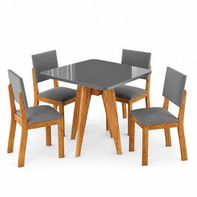 Conjunto Sala de Jantar 4 Lugares Quadrado Tampo de Mdf/Vidro Dynna Mel/Vidro Grafite/Cinza- Casa Giulia