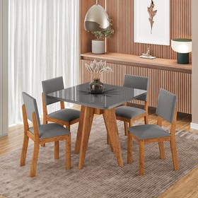 Conjunto Sala de Jantar 4 Lugares Quadrado Tampo de Mdf/Vidro Dynna Mel/Vidro Grafite/Cinza- Casa Giulia