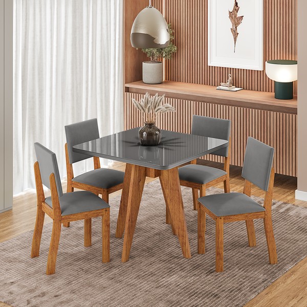 Conjunto Sala de Jantar 4 Lugares Quadrado Tampo de Mdf/Vidro Dynna Mel/Vidro Grafite/Cinza- Casa Giulia
