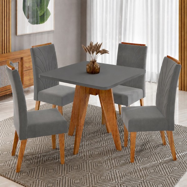 Conjunto Sala de Jantar 4 Lugares Quadrado Tampo de Mdf Marely Mel/Cinza - Casa Giulia