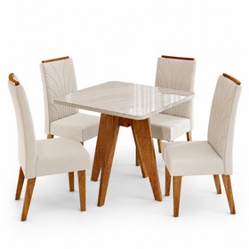 Conjunto Sala de Jantar 4 Lugares Quadrado Tampo de Mdf/Vidro Marely Mel/Vidro Off White/Bege - Casa Giulia