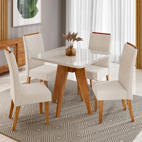 Conjunto Sala de Jantar 4 Lugares Quadrado Tampo de Mdf/Vidro Marely Mel/Vidro Off White/Bege - Casa Giulia