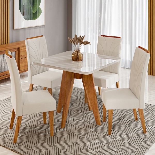 Conjunto Sala de Jantar 4 Lugares Quadrado Tampo de Mdf/Vidro Marely Mel/Vidro Off White/Bege - Casa Giulia