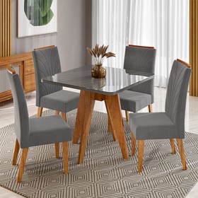 Conjunto Sala de Jantar 4 Lugares Quadrado Tampo de Mdf/Vidro Marely Mel/Vidro Grafite/Cinza - Casa Giulia