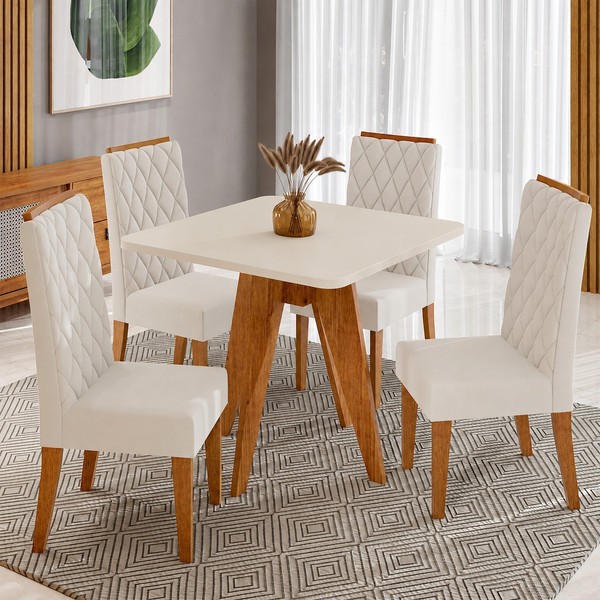 Conjunto Sala de Jantar 4 Lugares Quadrado Tampo de Mdf Vanny Mel/Blonde/Bege - Casa Giulia