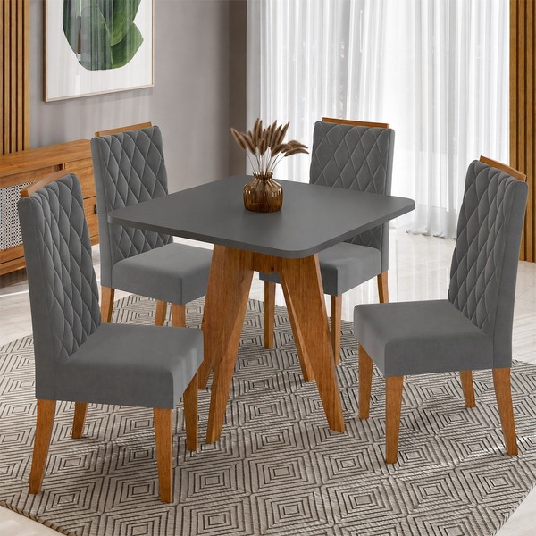 Conjunto Sala de Jantar 4 Lugares Quadrado Tampo de Mdf Vanny Mel/Cinza - Casa Giulia