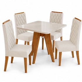 Conjunto Sala de Jantar 4 Lugares Quadrado Tampo de Mdf/Vidro Vanny Mel/Vidro Off White/Bege - Casa Giulia