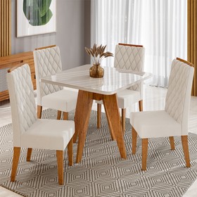 Conjunto Sala de Jantar 4 Lugares Quadrado Tampo de Mdf/Vidro Vanny Mel/Vidro Off White/Bege - Casa Giulia