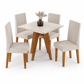 Conjunto Sala de Jantar 4 Lugares Quadrado Tampo de Mdf/Vidro Kamenya Mel/Vidro Off White/Bege - Casa Giulia