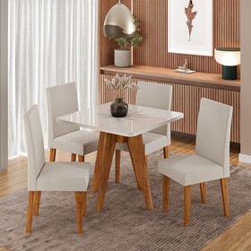 Conjunto Sala de Jantar 4 Lugares Quadrado Tampo de Mdf/Vidro Kamenya Mel/Vidro Off White/Bege - Casa Giulia