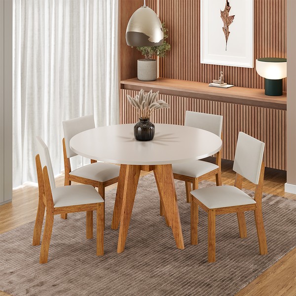 Conjunto Sala de Jantar 4 Lugares Redondo Tampo de Mdf Lyana Mel/Blonde/Bege - Casa Giulia