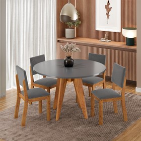 Conjunto Sala de Jantar 4 Lugares Redondo Tampo de Mdf Lyana Mel/Cinza - Casa Giulia