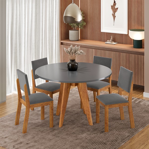 Conjunto Sala de Jantar 4 Lugares Redondo Tampo de Mdf Lyana Mel/Cinza - Casa Giulia