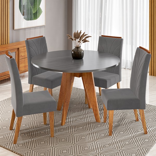 Conjunto Sala de Jantar 4 Lugares Redondo Tampo de Mdf Vinya Mel/Cinza - Casa Giulia