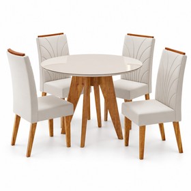 Conjunto Sala de Jantar 4 Lugares Redondo Tampo de Mdf/Vidro Vinya Mel/Vidro Off White/Bege - Casa Giulia