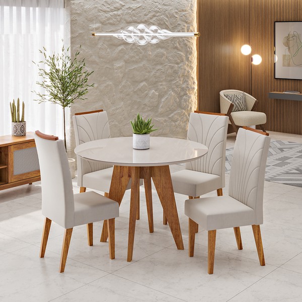 Conjunto Sala de Jantar 4 Lugares Redondo Tampo de Mdf/Vidro Vinya Mel/Vidro Off White/Bege - Casa Giulia