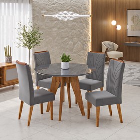 Conjunto Sala de Jantar 4 Lugares Redondo Tampo de Mdf/Vidro Vinya Mel/Vidro Grafite/Cinza  - Casa Giulia
