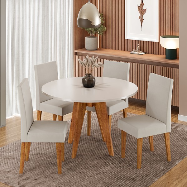 Conjunto Sala de Jantar 4 Lugares Redondo Tampo de Mdf Lorrana Mel/Blonde/Bege - Casa Giulia