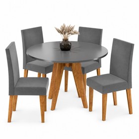 Conjunto Sala de Jantar 4 Lugares Redondo Tampo de Mdf Lorrana Mel/Cinza - Casa Giulia