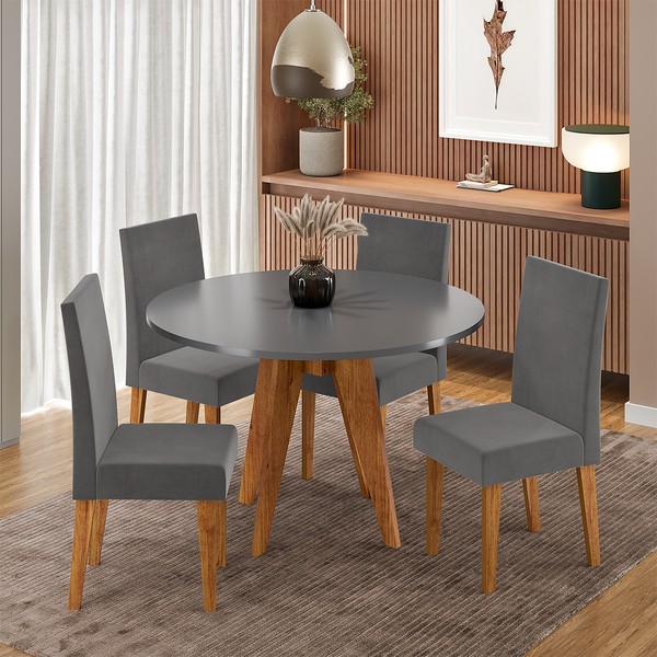 Conjunto Sala de Jantar 4 Lugares Redondo Tampo de Mdf Lorrana Mel/Cinza - Casa Giulia