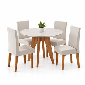 Conjunto Sala de Jantar 4 Lugares Redondo Tampo de Mdf/Vidro Lorrana Mel/Vidro Off White/Bege - Casa Giulia