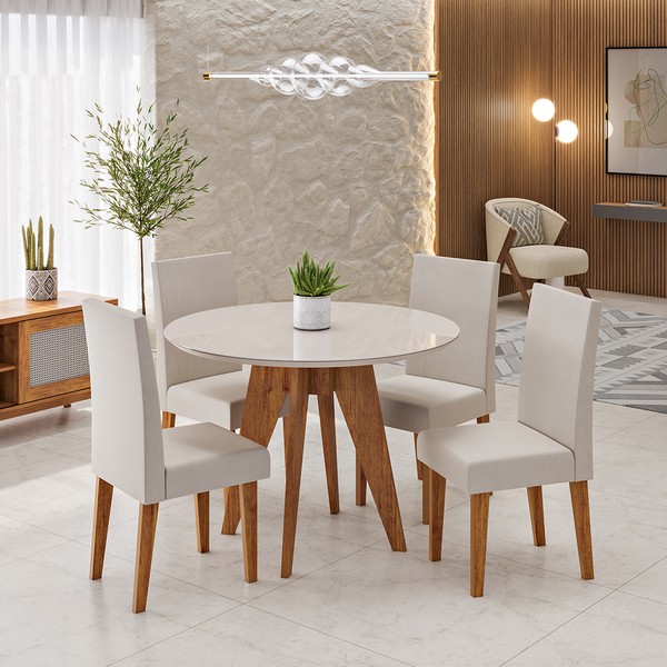 Conjunto Sala de Jantar 4 Lugares Redondo Tampo de Mdf/Vidro Lorrana Mel/Vidro Off White/Bege - Casa Giulia