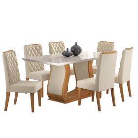 Mesa de Jantar Retangular Amarilla com 6 Cadeiras Iza Mel/Bege/Vd Off White - Casa Giulia