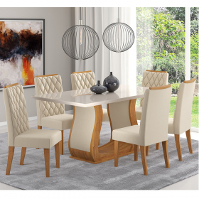 Mesa de Jantar Retangular Amarilla com 6 Cadeiras Iza Mel/Bege/Vd Off White - Casa Giulia