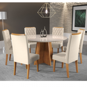 Mesa de Jantar Redonda Young com 6 Cadeiras Iza Mel/Bege/Vd Off White - Casa Giulia