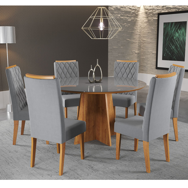 Mesa de Jantar Redonda Young com 6 Cadeiras Iza Mel/Cinza/Vd Grafite - Casa Giulia