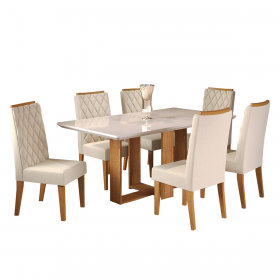 Mesa de Jantar Retangular Castelli com 6 Cadeiras Iza Mel/Bege/Vd Off White - Casa Giulia
