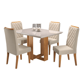 Mesa de Jantar Retangular Ligia com 4 Cadeiras Iza Mel/Bege/Vd Off White - Casa Giulia