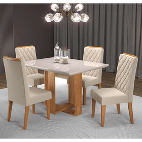 Mesa de Jantar Retangular Ligia com 4 Cadeiras Iza Mel/Bege/Vd Off White - Casa Giulia