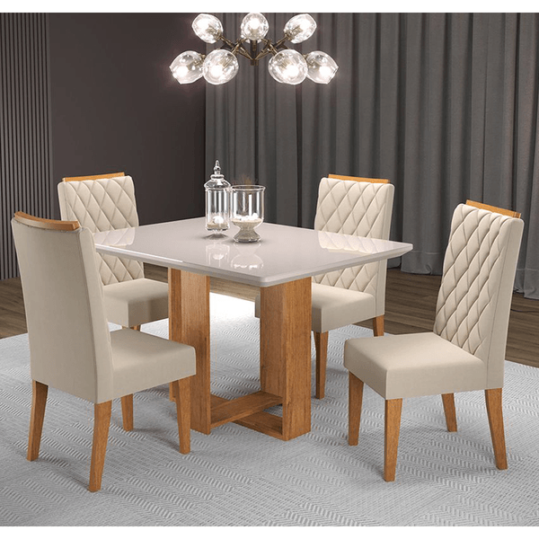 Mesa de Jantar Retangular Ligia com 4 Cadeiras Iza Mel/Bege/Vd Off White - Casa Giulia