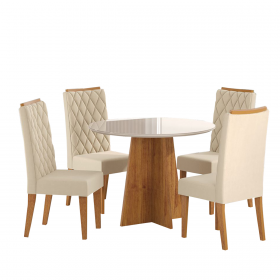 Mesa de Jantar Redonda Keti com 4 Cadeiras Iza Mel/Bege/Vd Off White - Casa Giulia