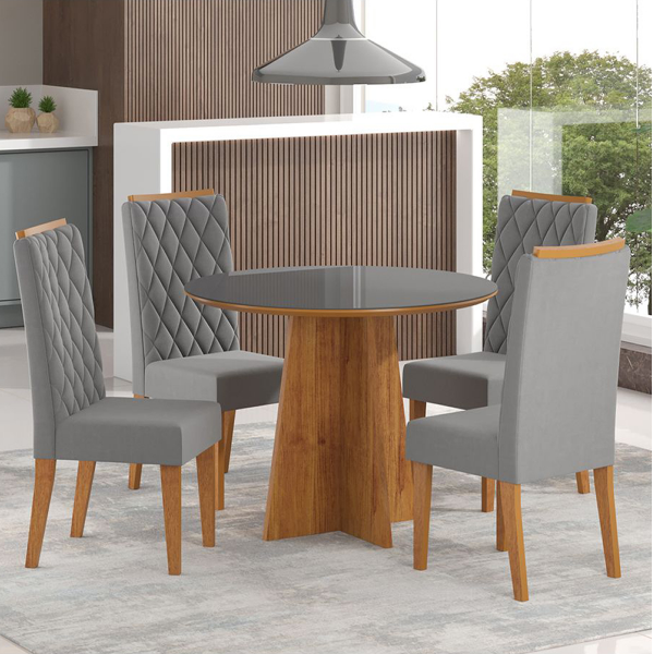 Mesa de Jantar Redonda Keti com 4 Cadeiras Iza Mel/Cinza/ Vd Grafite - Casa Giulia