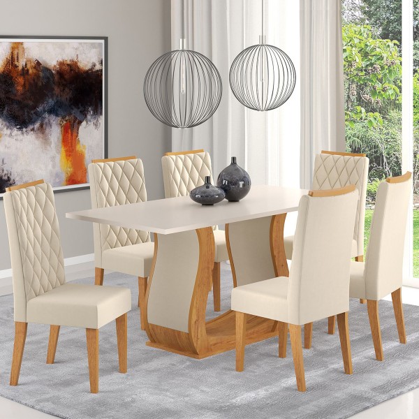 Mesa de Jantar Retangular Flora com 6 Cadeiras Iza Mel/Blonde/Bege - Casa Giulia